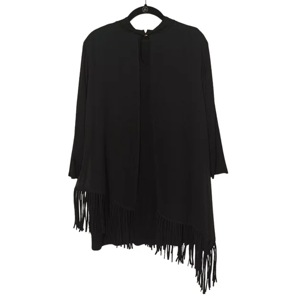 CHICO'S Fringe Asymmetric Hem Semi Sheer Overlay Black Top 2 (Large) - Picture 7 of 9